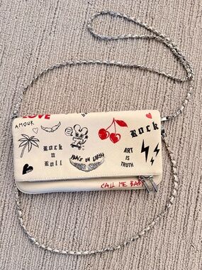 ZADIG & VOLTAIRE Amazing Cream Leather Graffiti Clutch Crossbody Bag NWT $460!!